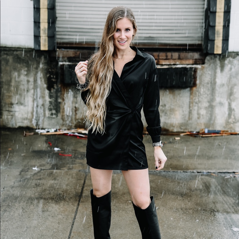 Black satin wrap dress